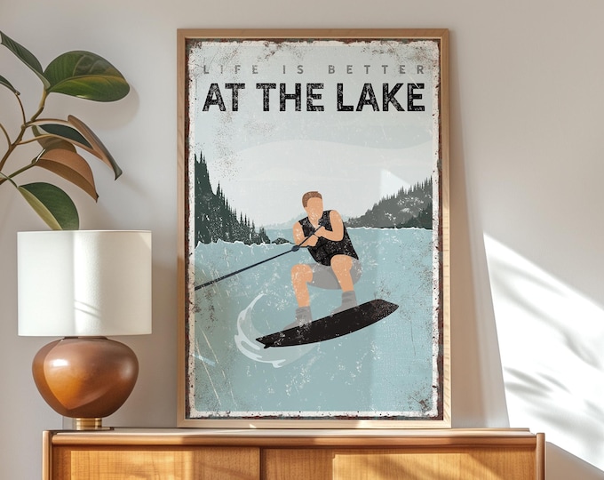 Life is Better at the Lake Poster, Wake Board Gift for Her, Black Lake House Decor, Personalized Wakeboard Sign, Vintage Wakeboard Art {vpl}