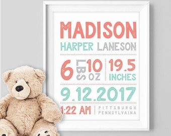 Custom Birth Stats Nursery Sign - Coral Mint Gray Print