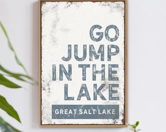 Modern Farmhouse, Personalized Gift, Lakehouse Decor, Custom Vintage Canvas Print, Dusty Blue Wall Art, Great Salt Lake Quote Sign