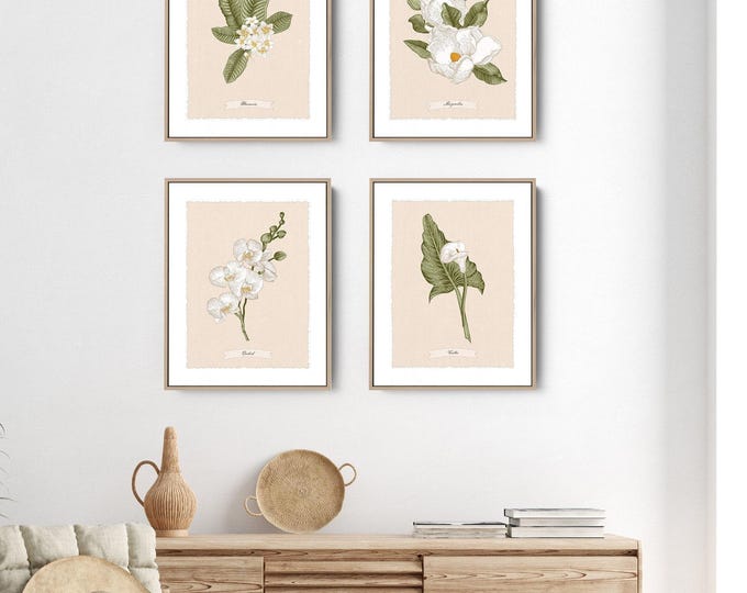 Neutral Tropical Wall Art Set - White Botanical Flowers, Ready to Hang