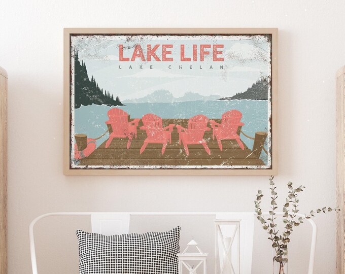 Lake Cottage Sign With Your Own Lake Name, Coral Pink Chairs On The Dock