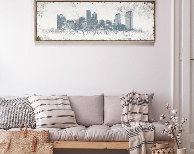 Boston City Skyline Poster: Harbor Blue and White, Custom Sizes