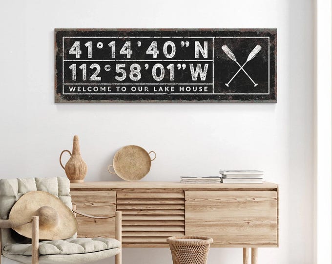 Lakefront Sign With Your Own Coordinates Oars And Welcome In Black, White