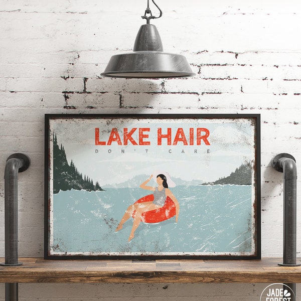 red LAKE HAIR sign, personalized lake house decor, lake tubing poster, sunbathing print for farmhouse, vintage lake decor and wall art {VPL}