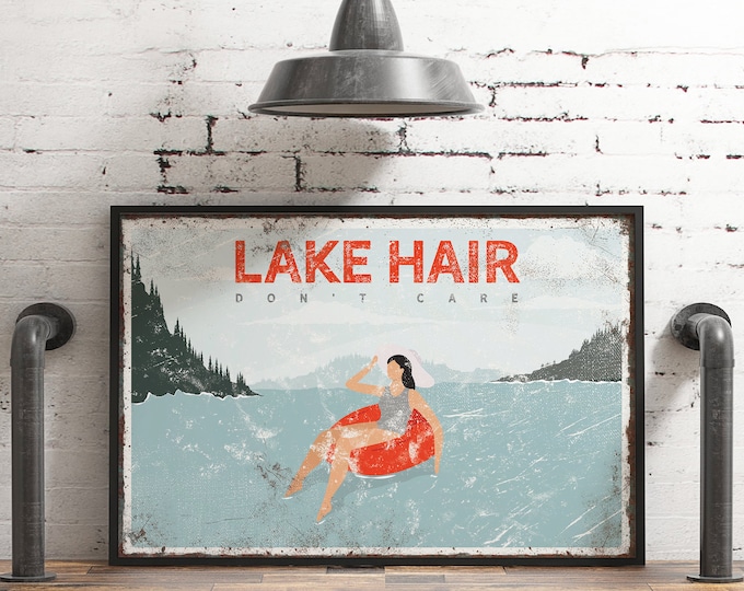 red LAKE HAIR sign, personalized lake house decor, lake tubing poster, sunbathing print for farmhouse, vintage lake decor and wall art {VPL}