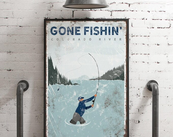 Nature Lake Decor Custom Fly Fishing Scene With Your River Name In Navy And Green