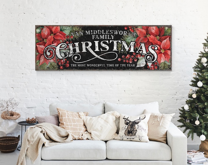 Personalized Christmas Sign, Black with White Text, Long Skinny Holiday Mantle Decor, Christmas Wall Art, Custom Gift for Her, Flowers