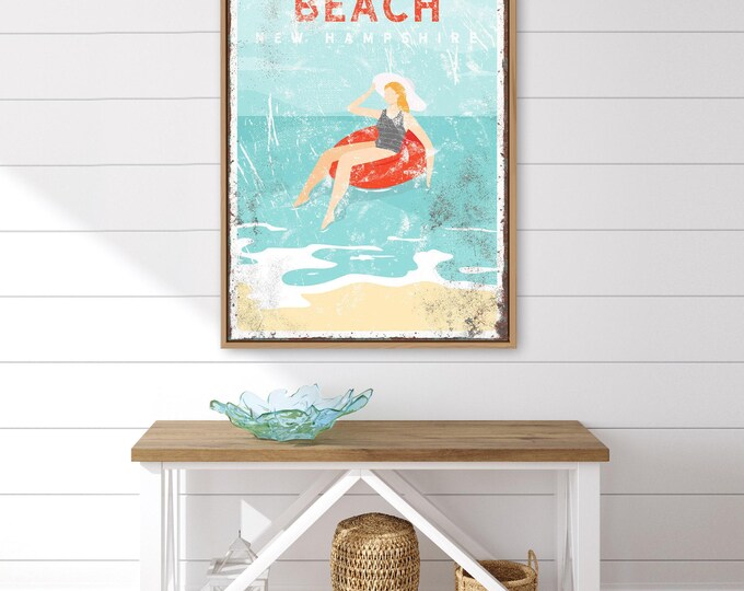 vintage beach house decor > personalized wall art canvas for nautical beachhouse decor, Hampton Beach sign, New Hampshire art print {vpb}