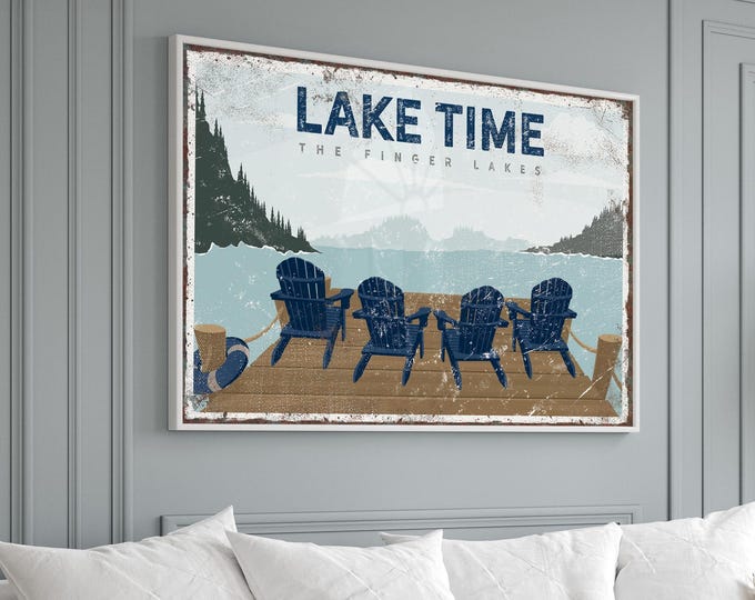 Vintage Lake Wall Sign, Adirondack Chair, Navy Blue (Custom Text)