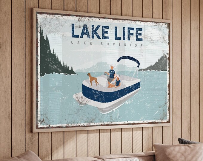 Boat Lake Sign, Navy Pontoon Boat and Boxer Dog, Custom Lake Life Family Art