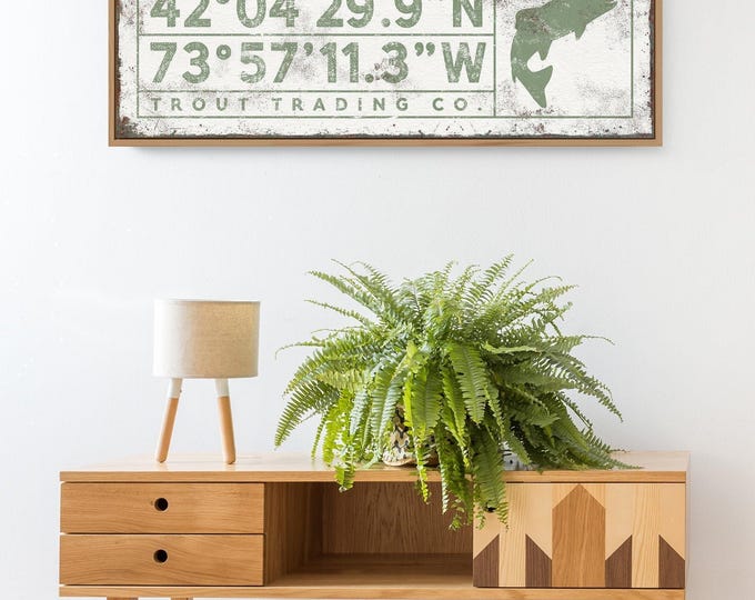 Rustic Cabin Coordinates Sign, Green Canvas Bass Art (Custom GPS Location)