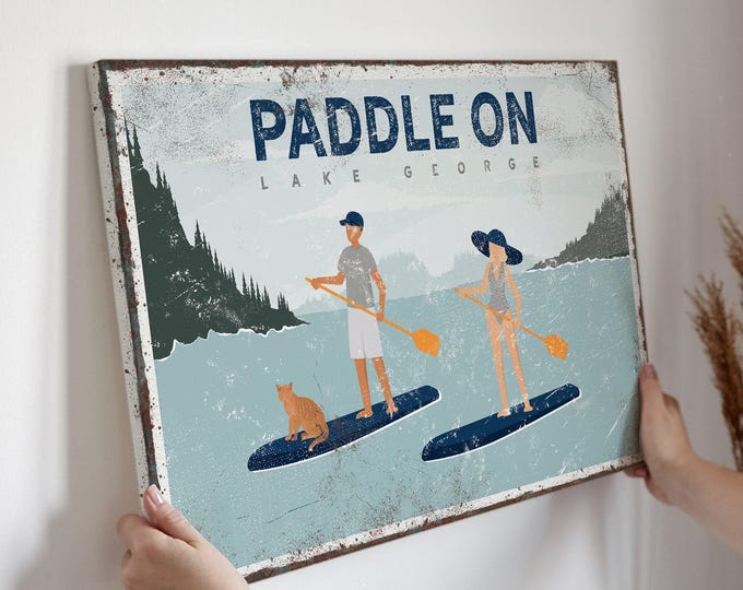 Lake Sign Decor, Personalized Couple and Cat Paddle On Art, Navy Lake