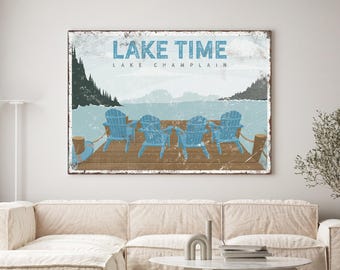 Vintage LAKE TIME Sign, Cerulean Adirondack Chairs, Custom Lake House Decor, Retro Lake Wall Art, Lake Champlain Decor, Airbnb Decor {VPL}