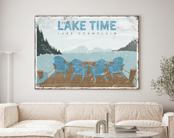 Vintage LAKE TIME Sign, Cerulean Adirondack Chairs, Custom Lake House Decor, Retro Lake Wall Art, Lake Champlain Decor, Airbnb Decor {VPL}