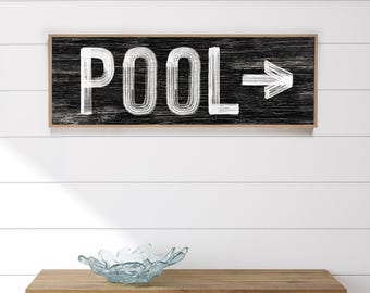 Rustic Pool Sign with Arrow - Distressed Black and White Decor