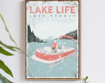 coral LAKE LIFE canvas • personalized pontoon boat art for lake house decor • vintage Lake Keowee poster, modern farmhouse decor {vpl}