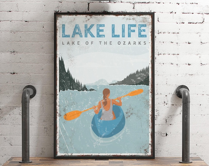 Vintage Lake Life Poster, Personalized Kayaking Poster, Oversized Wall Art for Vintage Lake House Decor, Light Blue Kayak Gift for Her {vpl}