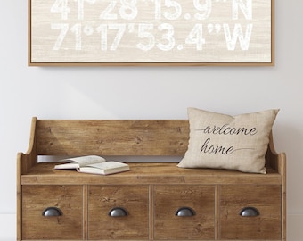 Modern Farmhouse, Coordinates Gift Her, Antique Ivory Canvas, Custom Latitude Longitude Sign, Distressed Wall Art, Retro Shabby Chic Decor