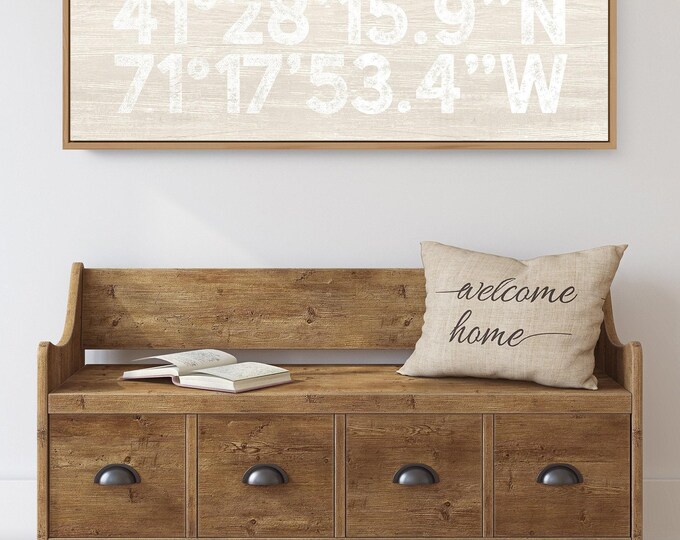 Modern Farmhouse, Coordinates Gift Her, Antique Ivory Canvas, Custom Latitude Longitude Sign, Distressed Wall Art, Retro Shabby Chic Decor