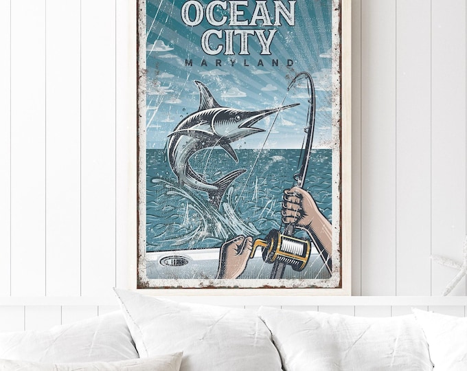 Ocean City Maryland Marlin Wall Art Of A Billfish Over Deep Sea Water At Dawn