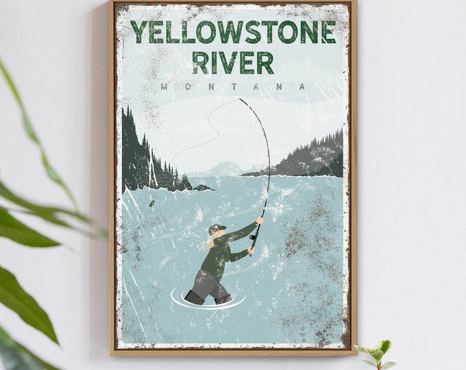 vintage Montana fishing poster > custom Yellowstone River sign, custom river or lake fly fishing art print for lake house decor {vpl}