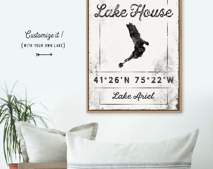 Welcome Sign Lake, Black Silhouette Map, Custom Coordinates For Your Lake House