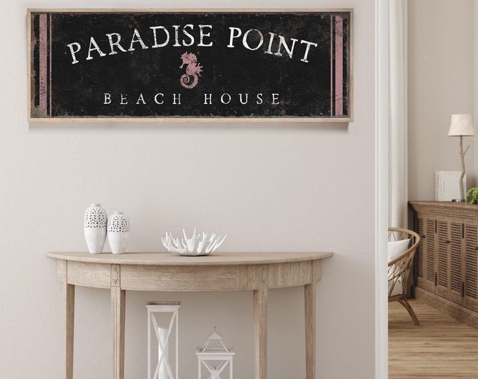 Vintage Beach House Sign: Custom Curved Text, Purple on Black