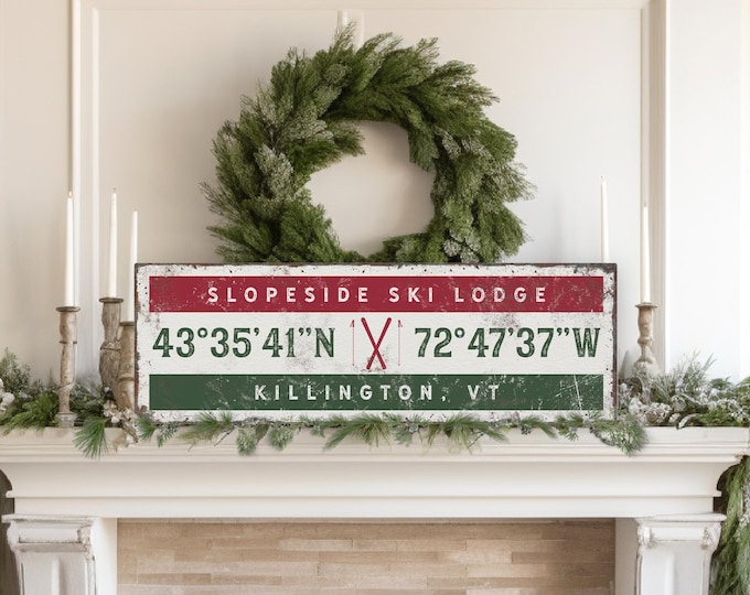 Coordinates Sign for Slopeside Ski Lodge, Custom Location, Crossed Ski Emblem