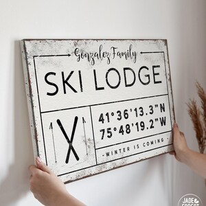Family Name Sign: Vintage Ski Lodge Decor (Custom Coordinates, Canvas)