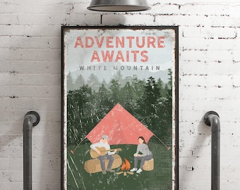 personalized vintage CAMPING poster, ADVENTURE AWAITS camping sign, vintage White Mountain print, couple camping by the campfire {vpt}