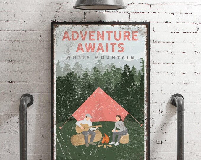 personalized vintage CAMPING poster, ADVENTURE AWAITS camping sign, vintage White Mountain print, couple camping by the campfire {vpt}