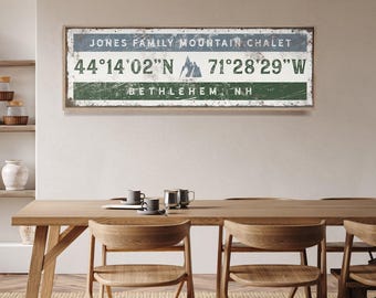 Vintage Mountain Chalet Sign: Personalized Coordinates Wall Art