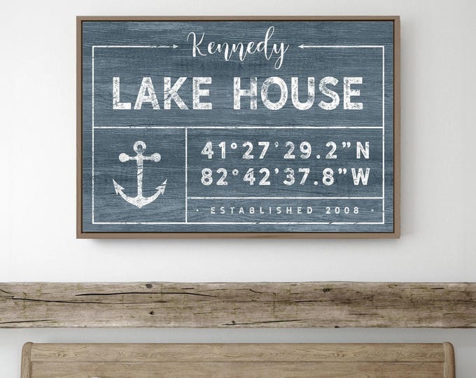 Personalized Lakehouse Sign - Custom Coordinates on Blue Canvas