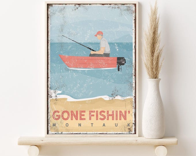 Vintage GONE FISHING Sign, Montauk NY Fishing Boat Poster, Can be Personalized, Retro Fishing Boat Wall Art, Gift for New Boat Owner {vpb}