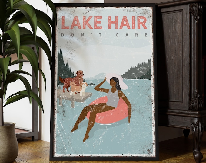 coral LAKE HAIR sign, personalized tubing poster, vintage lake decor with dogs, golden retriever and shih tzu, fun gift for dog lovers {vpl}