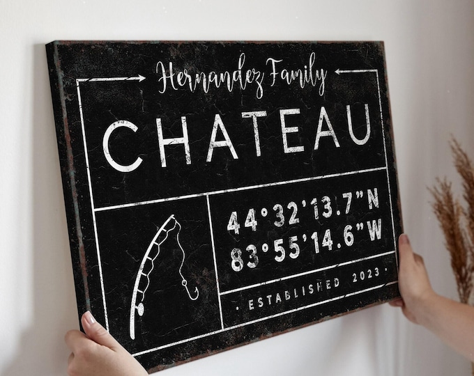 Fishing Rod Sign, Personalized Family Name Coordinates Art, Custom White Gift