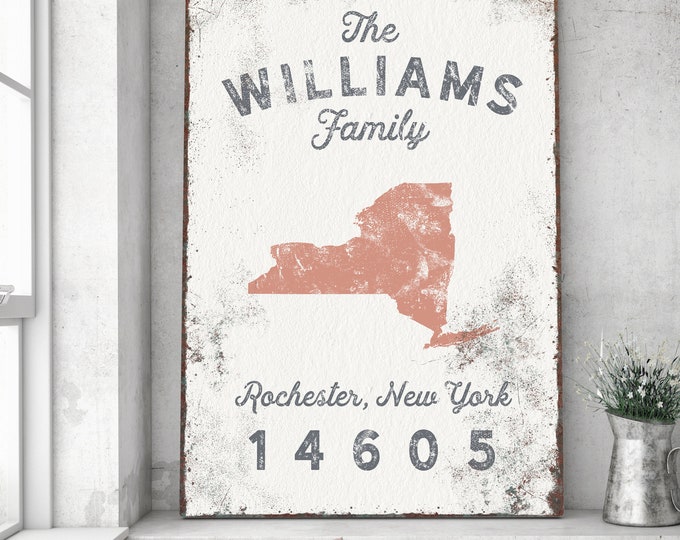 custom FAMILY NAME sign > rustic farmhouse decor, personalized zip code print with state art and last name (Rochester, New York)