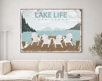 Lake Life Wall Sign, Custom Canvas Print, Adirondack Chairs (Multiple Sizes)