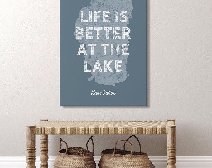 Lake Artwork With Your Own Lake Name, Pale Blue Map Outline In Slate Blue