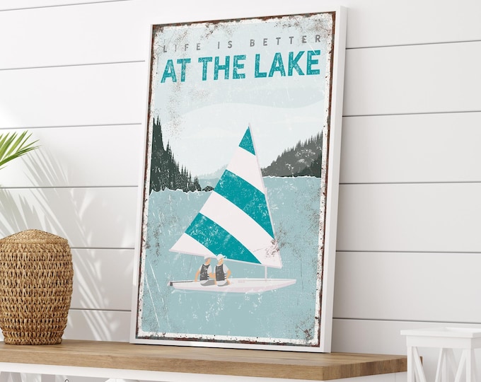 Teal Lake, White Sailboat Scene, Personalized With Your Lake Name For Your Lake Wall