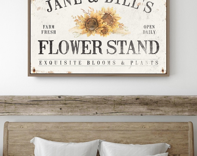 Personalized FLOWER STAND sign • Antique fall decor canvas • Custom vintage harvest farmhouse decor • Sunflower corn wheat wall art {asw}