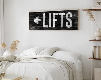Retro Ski Lifts Sign: Black and White, Faux Weathered Wood
