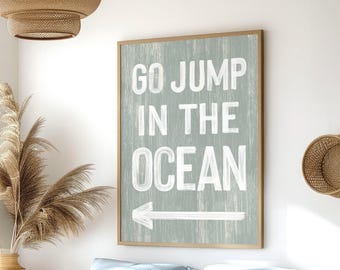 Vintage Beach Sign: Green and White Arrow, Sage Ocean Decor