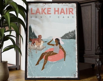 Dock Sign, Lake Hair Don't Care Wall Art, Coral Pink Tubing Scene, Gift For Dog Lovers