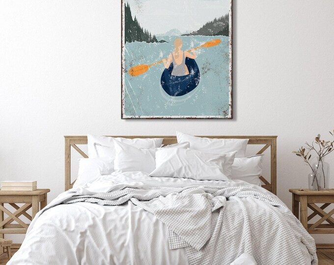 navy lake house decor canvas • oversized nautical wall art • personalized kayaking poster • vintage gift for her • life is better {vpl}