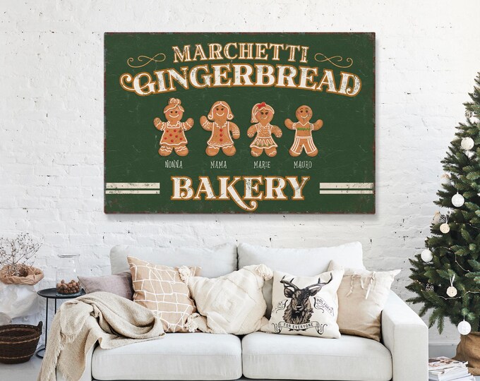 Personalized Gingerbread Family Sign, Custom Christmas Gift Idea, Christmas Gift for Mom, Family Members as Gingerbread Cookies, Festive Art