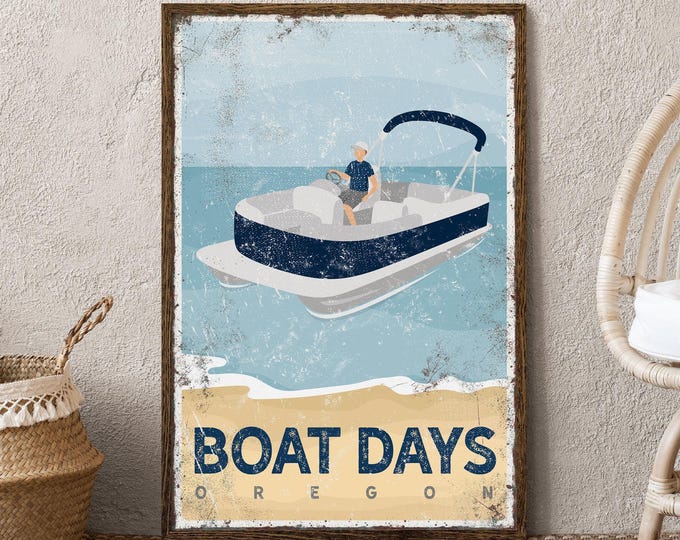 Beach House Decor, Beach Canvas Art, Pontoon Boat Sign, Personalized Vintage Boat Days Wall Art, Navy Coastal Home Gift for Dad {vpb}