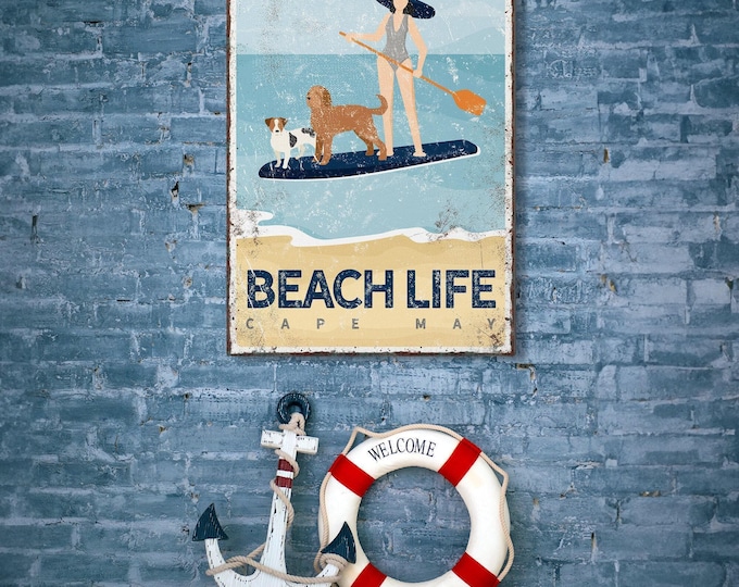Beach Life Paddleboard Sign, Two Dogs and Custom Coastal Town Name, Rust Tin Wall Art