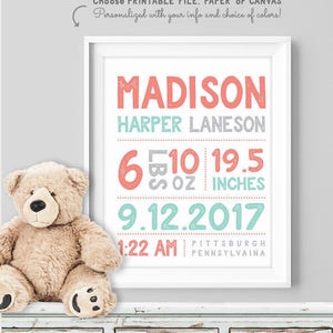 birth stats sign / personalized nursery poster / custom wall art print / CORAL PINK GOLD nursery girl Paper, Canvas or Printable image 5