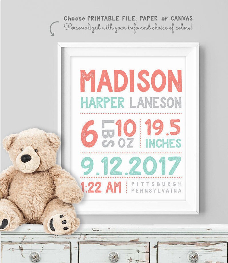 birth stats sign / personalized nursery poster / custom wall art print / CORAL PINK GOLD nursery girl Paper, Canvas or Printable image 5